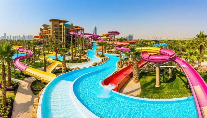 Aerial view of Aquaventure World Dubai with water slides and pools Aerial view of Aquaventure World Dubai with water slides and pools